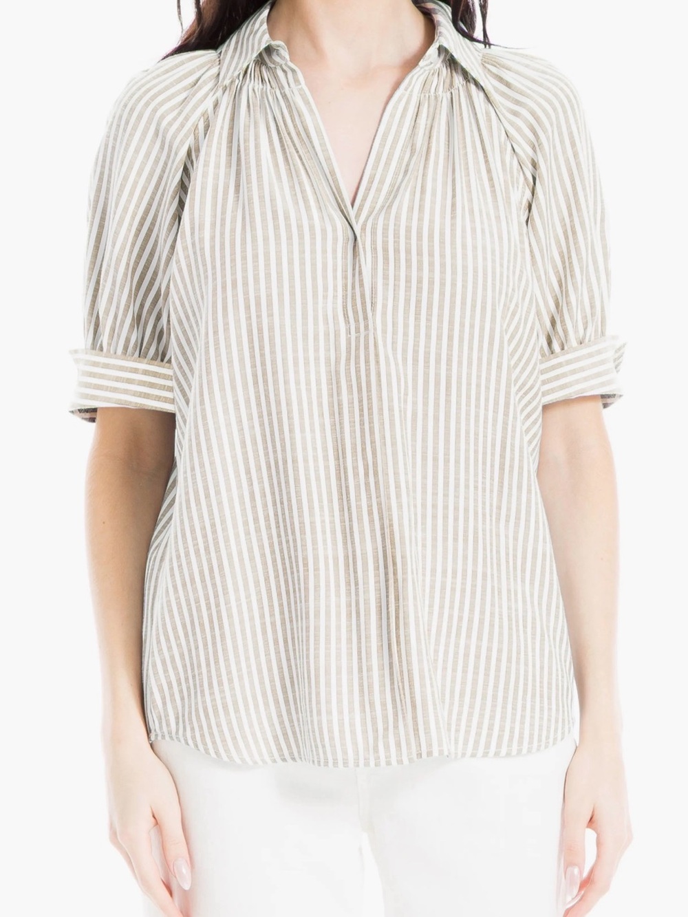 Max Studio Taupe & White Vertical Stripe Button-Down Shirt